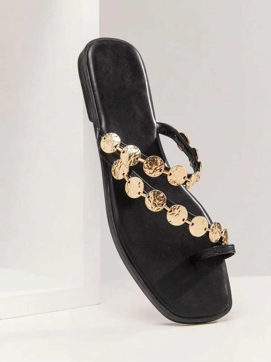 SHUZIA Women's Minimalist Elegant Metal Chain Decor Slip-On Flat Thong Sandals