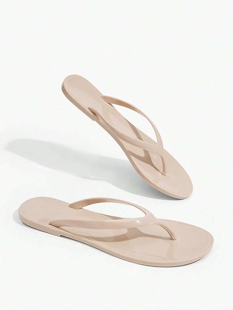Grefit Spring And Summer New Round Toe Flat Bottom Casual Vacation Simple Apricot Women's Flat Sandals Slippers Women's Flip-Flops